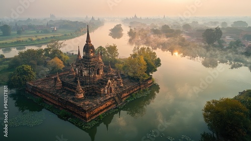 Aerial view of ancient temple on river island at dawn