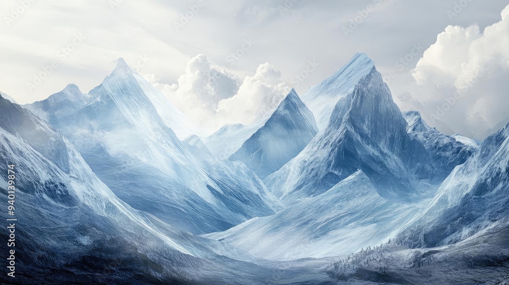 Fototapeta premium Breathtaking snowy mountain landscape, showcasing majestic peaks under a softly lit sky, perfect for nature lovers and adventurers.