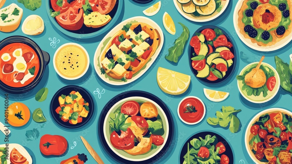 Colorful Vegan Delights - Flat Design Illustration of Vibrant Plant-Based Dishes for Healthy Eating Concept Colorful Vegan Delights - Flat Design Illustration of Vibrant Plant-Based Dishes for Healthy Eating Concept
