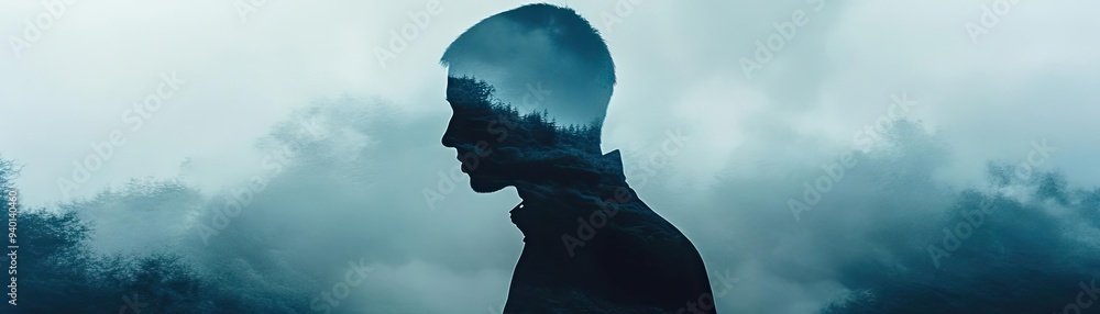 A silhouette of a person with a dreamy landscape reflected in their outline, creating a sense of introspection and tranquility. A silhouette of a person with a dreamy landscape reflected in their outline, creating a sense of introspection and tranquility.