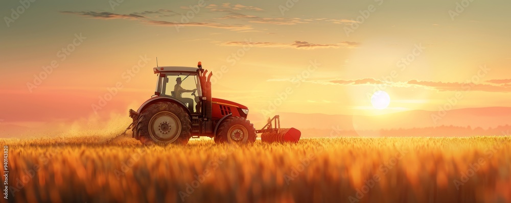 Fototapeta premium Tractor Working In The Field At Sunset