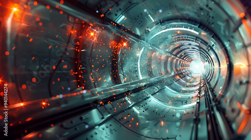 Futuristic particle collider showing the interaction of Higgs bosons and atomic particles