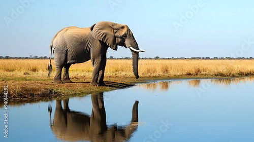 Africa, Botswana, Chobe National Park, African Elephant (Loxodonta Africana) standing on the edge of a water hole in Savuti Marsh leading to the front