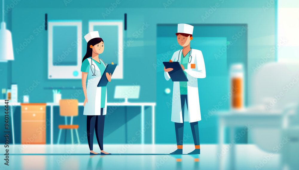 Doctor and Nurse Talking in Hospital Corridor Doctor and Nurse Talking in Hospital Corridor