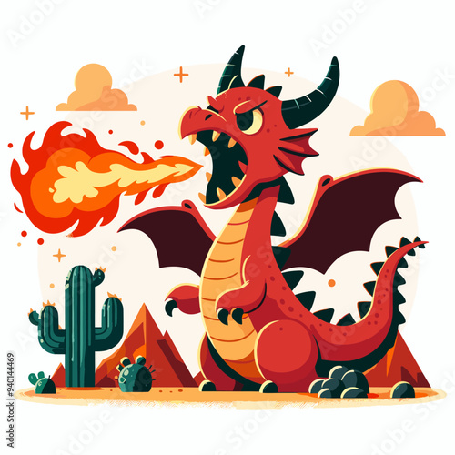 A cartoon dragon is blowing fire and has its mouth open. The dragon is surrounded by a desert landscape with a cactus and a mountain in the background