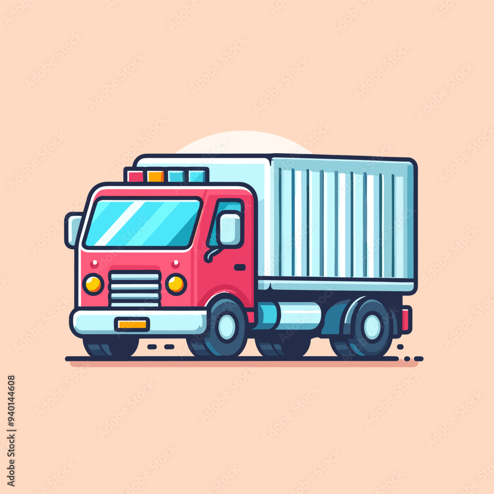 A red truck with a white stripe on the side. The truck is parked on a road A red truck with a white stripe on the side. The truck is parked on a road