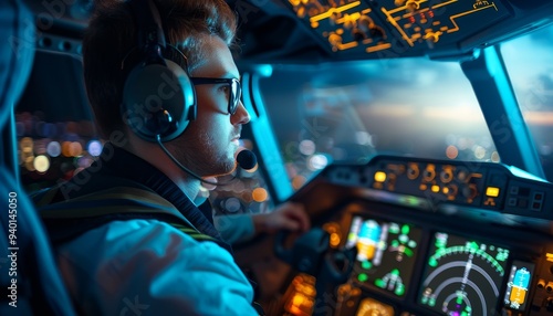 Pilot in the Cockpit at Night photo