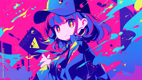 a female detective worker, anime style, cute kawaii, simple, smiling happy, neon psychedelic background