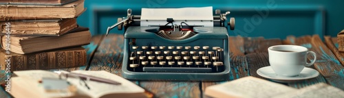 Vintage Typewriter with Books and Coffee on Wooden Table photo