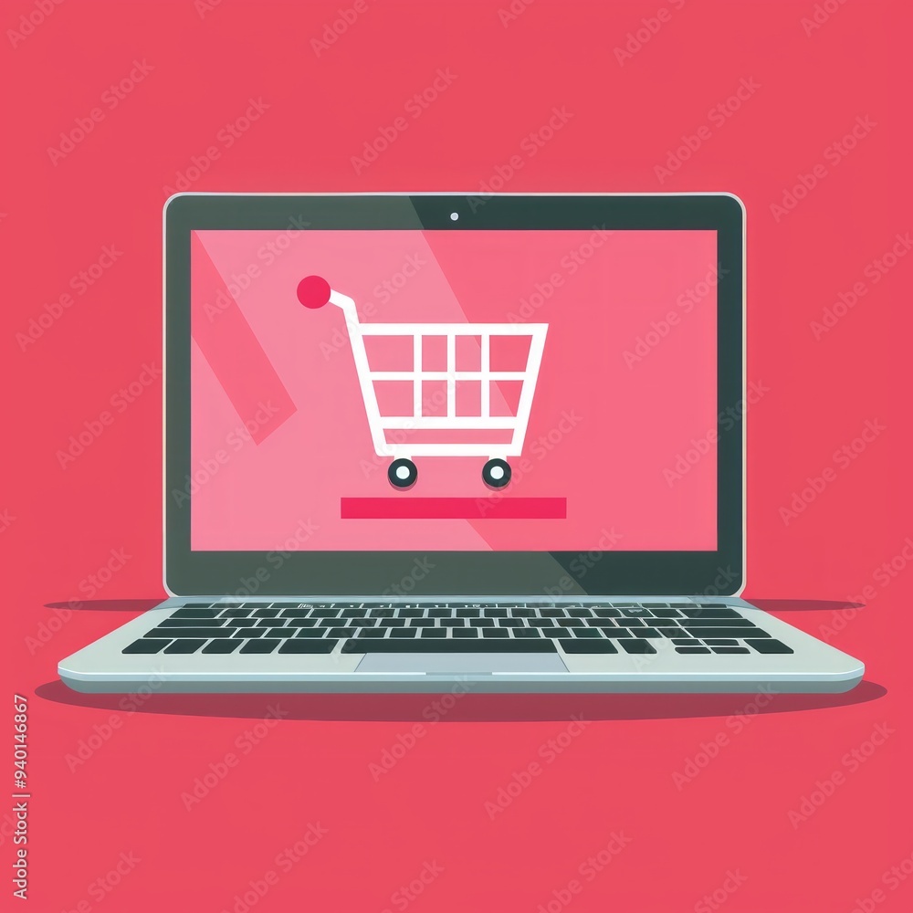 Simple open laptop with screen buy, in flat design. Vector illustration. Concept online shopping Simple open laptop with screen buy, in flat design. Vector illustration. Concept online shopping