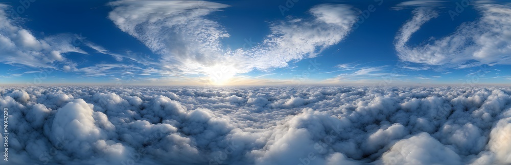360 degree above clouds, blue cloudy sky above from clouds. HDRI spherical panorama. 360 degree above clouds, blue cloudy sky above from clouds. HDRI spherical panorama.