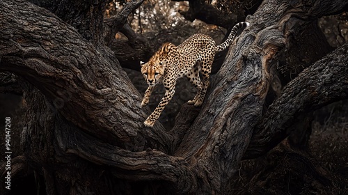 Cheetah walks down twisted tree in savannah which brings forward