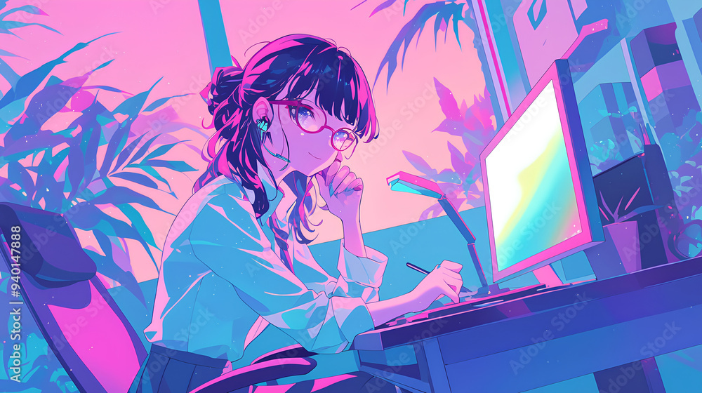 a female office worker, anime style, cute kawaii, simple, smiling happy, neon psychedelic background a female office worker, anime style, cute kawaii, simple, smiling happy, neon psychedelic background