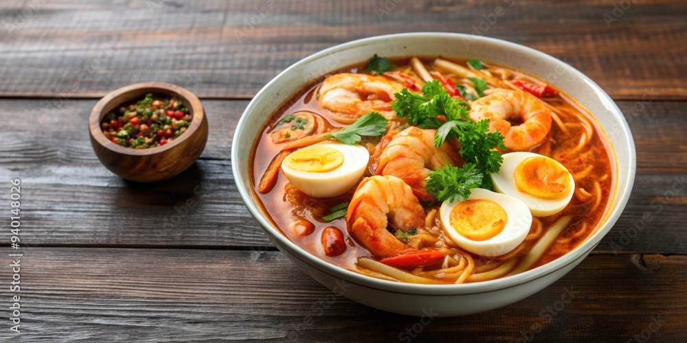 Delicious bowl of spicy noodle soup with shrimp, hardboiled egg Delicious bowl of spicy noodle soup with shrimp, hardboiled egg