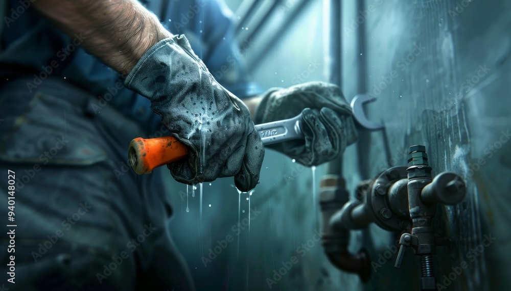 Mechanic Hand with Wrench in Rainy Industrial Setting Mechanic Hand with Wrench in Rainy Industrial Setting