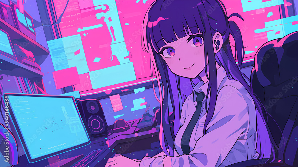 a female office worker, anime style, cute kawaii, simple, smiling happy, neon psychedelic background a female office worker, anime style, cute kawaii, simple, smiling happy, neon psychedelic background