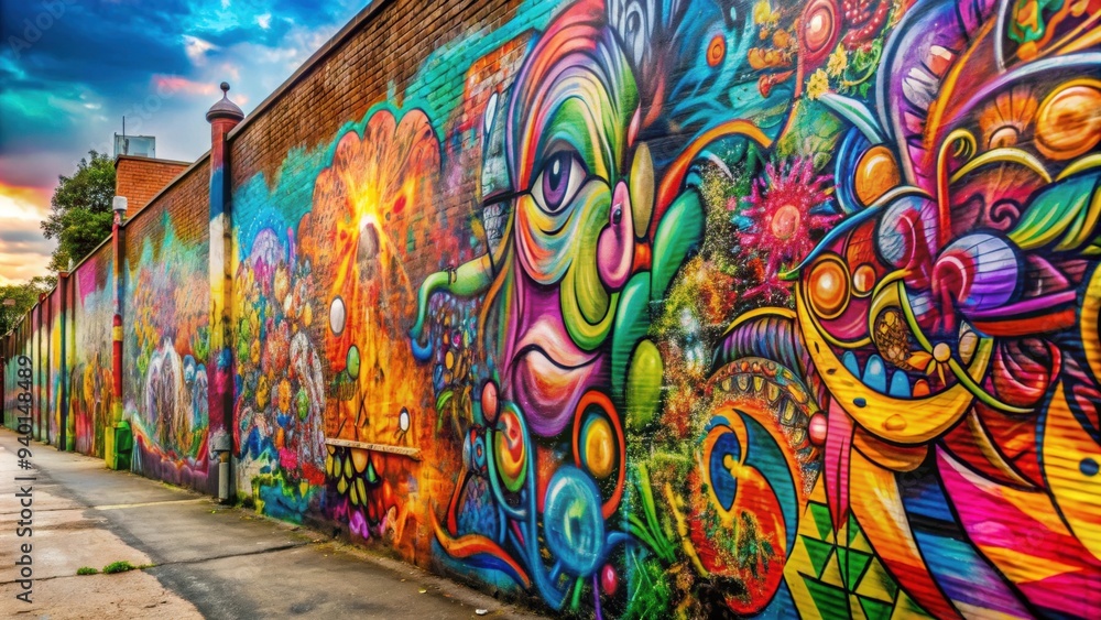 Fototapeta premium Wall adorned with colorful graffiti artwork , urban, street art, spray paint, mural, graffiti artists, vibrant