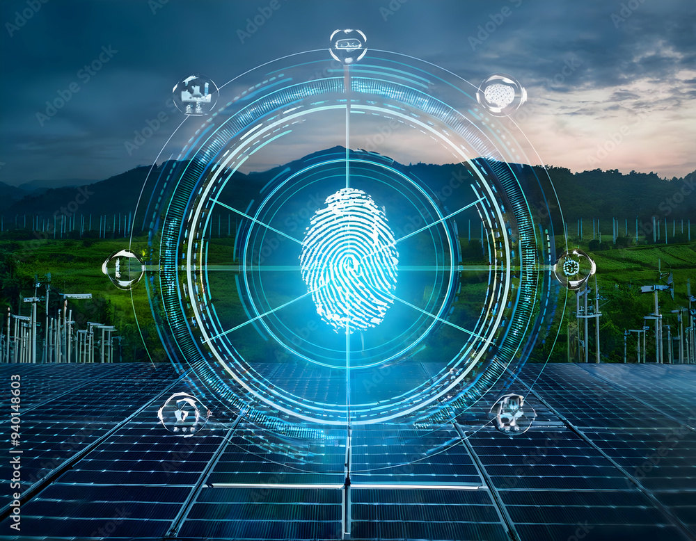 futuristic scene featuring a smart grid with real-time monitoring to reduce green energy consumption losses. The scene should highlight the concept of intelligent energy solutions with advanced tech futuristic scene featuring a smart grid with real-time monitoring to reduce green energy consumption losses. The scene should highlight the concept of intelligent energy solutions with advanced tech