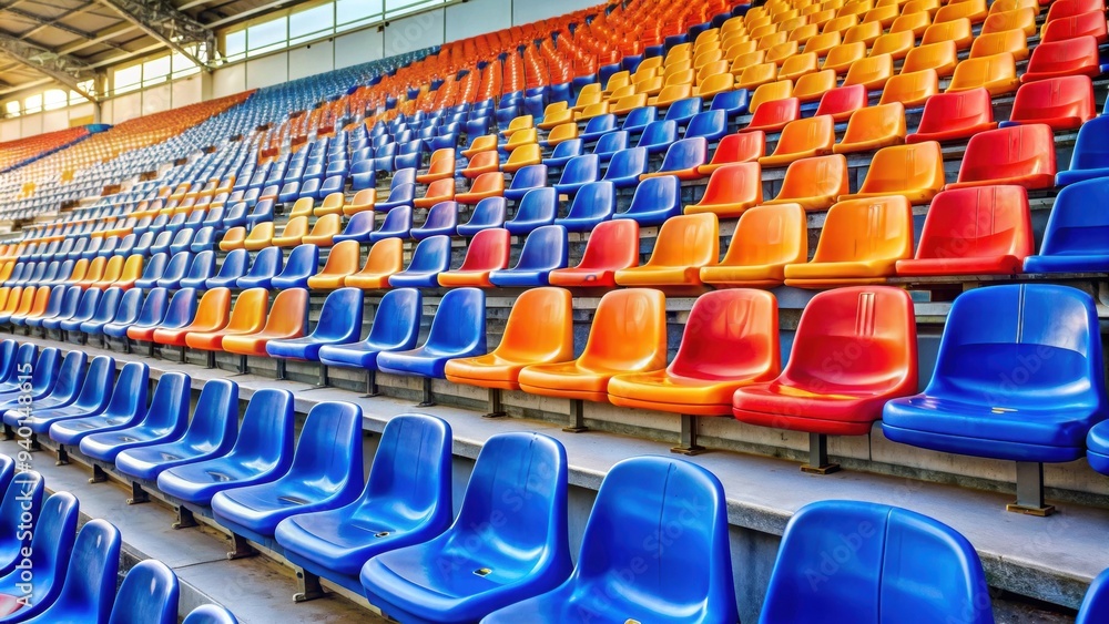 Fototapeta premium Empty plastic stadium seats with no fans , sports, stadium, empty, plastic, seats, competition, match, game