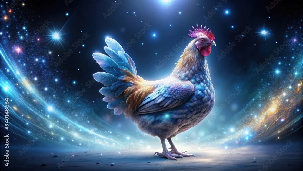 Fototapeta premium Celestial hen with shimmering stardust feathers in perfect lighting, celestial, hen, feathers, shimmer, stardust, regal