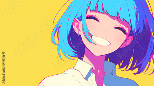 a female office worker, anime style, cute kawaii, simple, smiling happy, neon psychedelic background