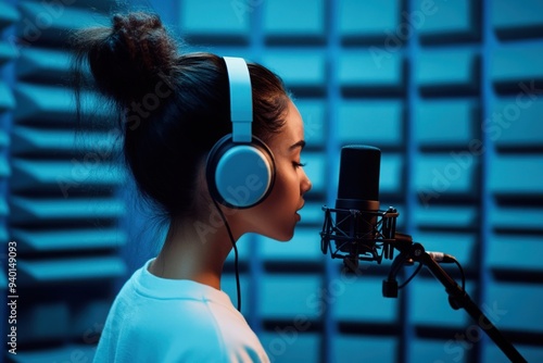 A young woman passionately singing into a microphone with headphones in a professional recording studio. photo