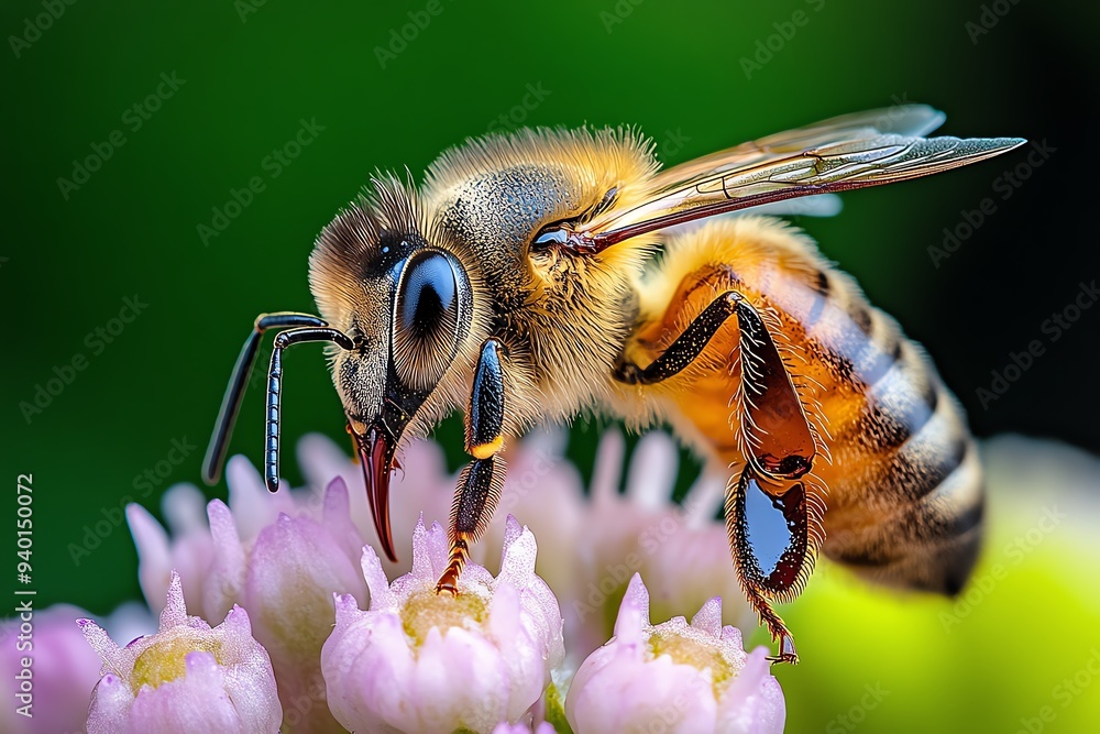 A honey bee resting on a flower, collecting nectar, with the soft morning light highlighting the delicate details of the scene A honey bee resting on a flower, collecting nectar, with the soft morning light highlighting the delicate details of the scene