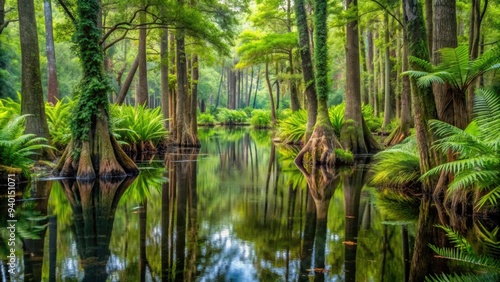 Swamp trees surrounded by water and ferns, swamp, trees, water, ferns, wetland, nature, environment, greenery, foliage photo