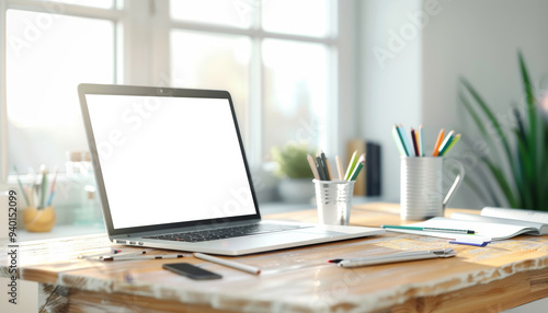 Wallpaper Mural Laptop, Pencils, and Notebook on Wooden Table Torontodigital.ca