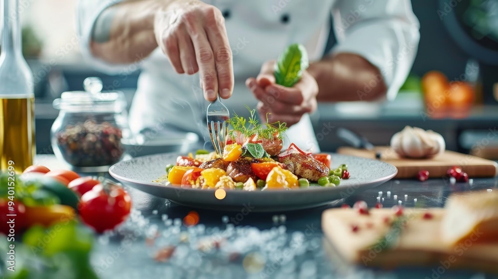 Chef Finishing Dish with Fork Chef Finishing Dish with Fork