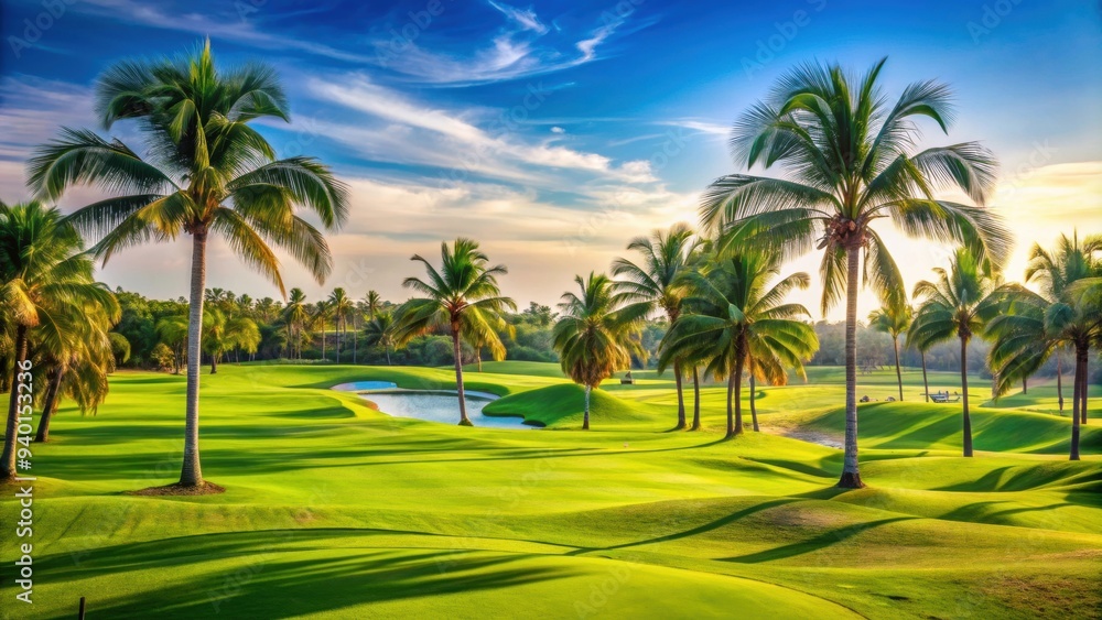 Golf course lined with tropical palm trees in Mexico, golf, course, tropical, palm trees, Mexico, green, lush, paradise Golf course lined with tropical palm trees in Mexico, golf, course, tropical, palm trees, Mexico, green, lush, paradise