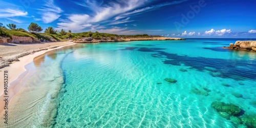 Idyllic paradise beach in Illetas, Formentera with crystal clear turquoise waters and white sandy shore, Formentera