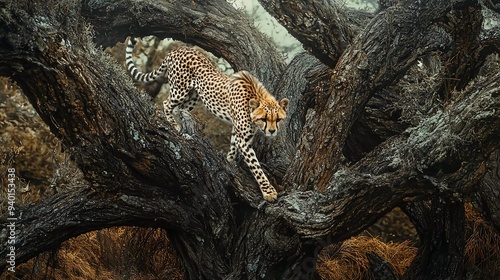 Cheetah walks down twisted tree in savannah which brings forward