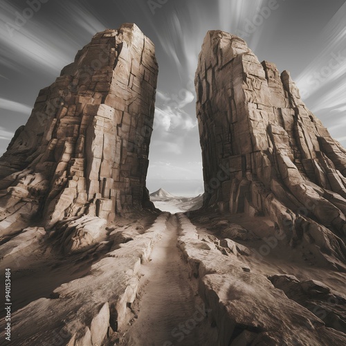 Massive twin rock formations in a narrow desert canyon passage, under a moody sky, creating a dramatic and imposing natural gateway that evokes feelings of awe and isolation. photo