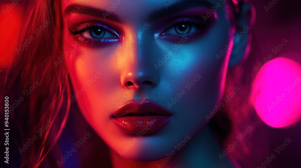 Close-up Portrait of a Woman with Dramatic Makeup and Neon Lighting Close-up Portrait of a Woman with Dramatic Makeup and Neon Lighting