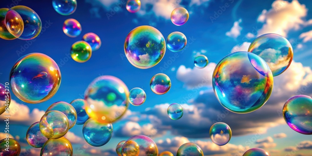 Colorful soap bubbles floating against a blue sky background, bubble, soap, float, rainbow, shimmering,round, reflection Colorful soap bubbles floating against a blue sky background, bubble, soap, float, rainbow, shimmering,round, reflection