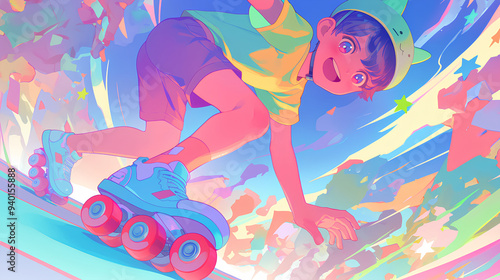 a boy playing roller skating in the park, anime style, cute kawaii, simple, smiling happy, neon psychedelic background