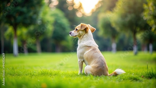 Back of small mix-breed dog sitting on grass lawn, watching and waiting for owner, dog, mix-breed, small, furry, grey, sitting, back photo