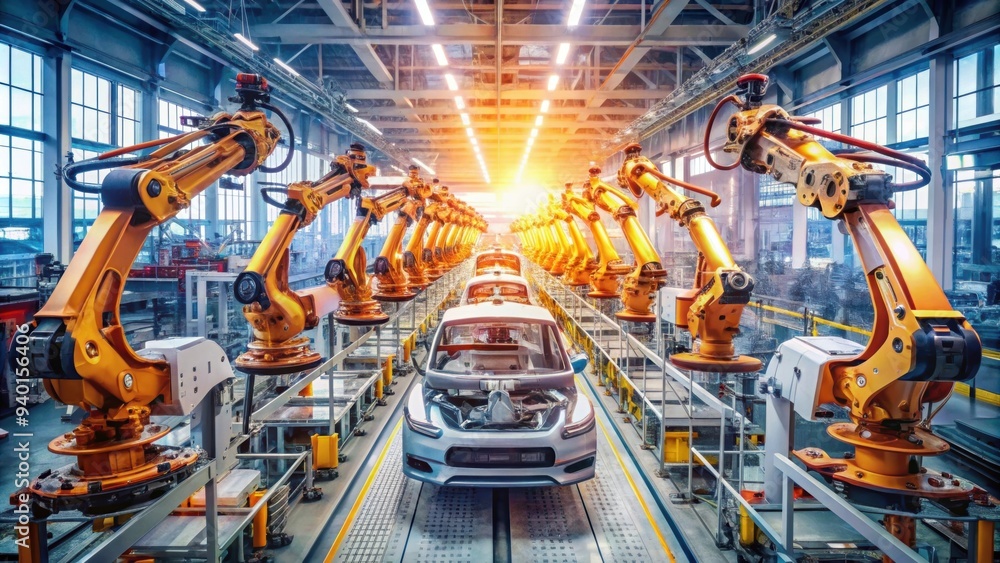 Robotic precision in auto manufacturing, industrial arms assembling the future of transportation Robotic precision in auto manufacturing, industrial arms assembling the future of transportation