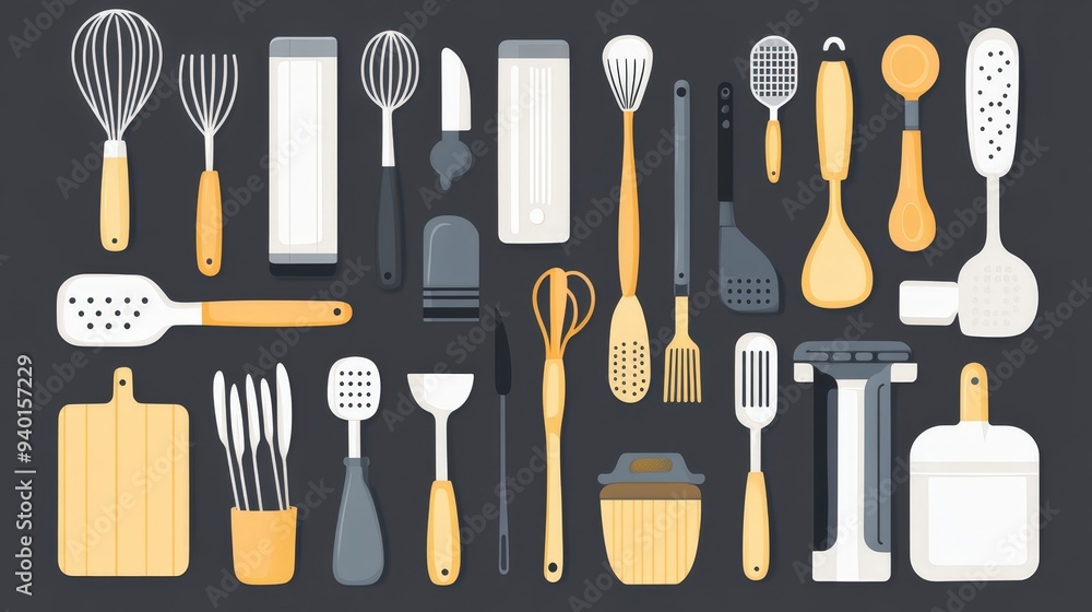 Minimalist Flat Design of Kitchen Utensils - Spatulas, Whisks, Cutting Boards for Cooking Essentials Minimalist Flat Design of Kitchen Utensils - Spatulas, Whisks, Cutting Boards for Cooking Essentials