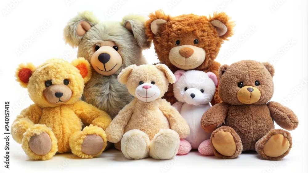 Soft toys isolated on white background , plush, stuffed animals, cute, cuddly, adorable, colorful, playthings, kids Soft toys isolated on white background , plush, stuffed animals, cute, cuddly, adorable, colorful, playthings, kids