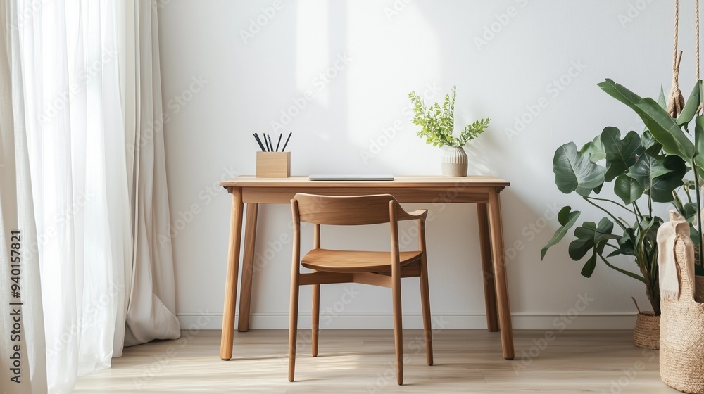 interior of a room, a wooden desk with a front view, study space interior of a room, a wooden desk with a front view, study space