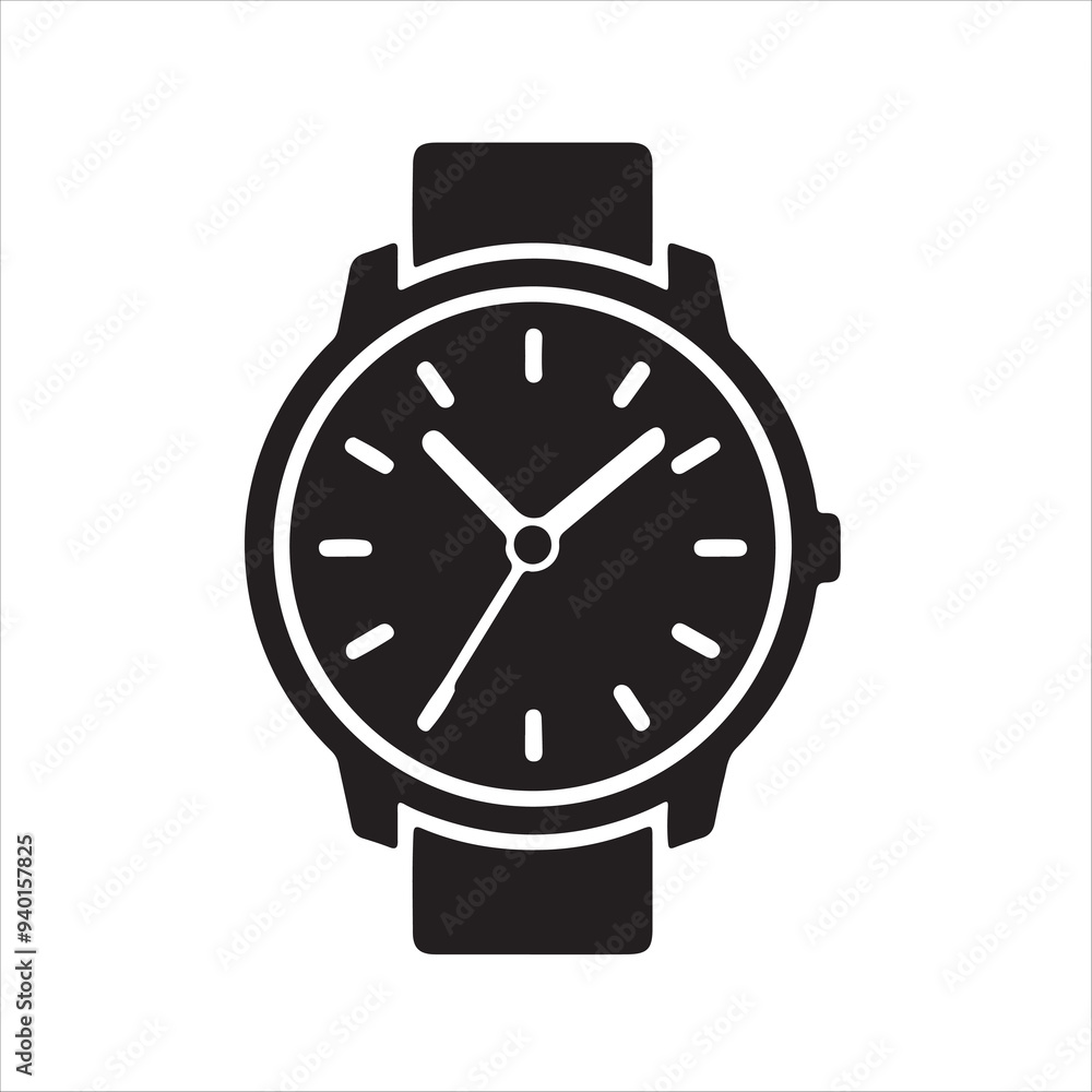 Hand watch with bracelet. Modern and classic accessory for men and women icon silhouette vector style with white background Hand watch with bracelet. Modern and classic accessory for men and women icon silhouette vector style with white background