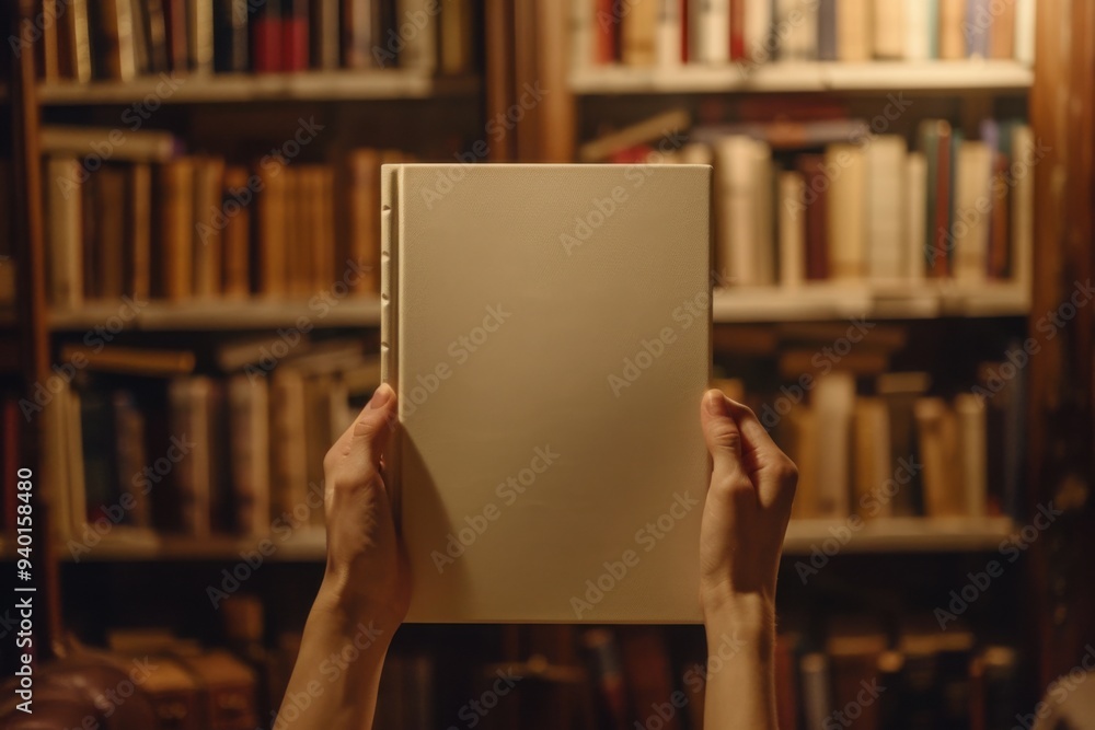 Hands holding blank book in library Hands holding blank book in library