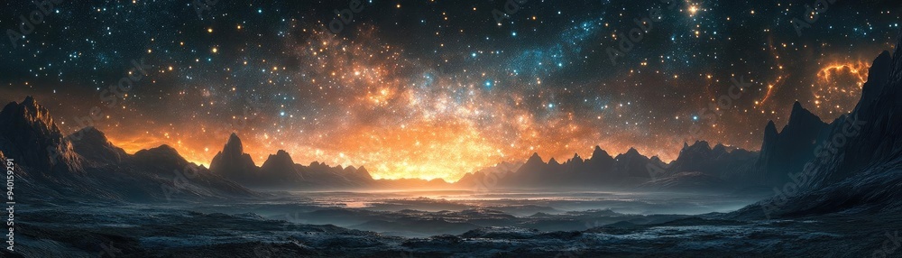 Fototapeta premium A breathtaking cosmic landscape showcasing a vibrant sunset over distant mountains, illuminated by countless stars and galaxies.