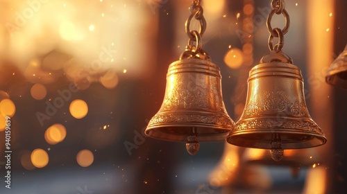 Golden temple bells hanging, festive ambiance, 3D illustration