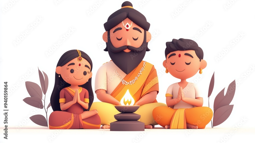 Family performing Lakshmi puja, traditional ritual, 3D illustration Family performing Lakshmi puja, traditional ritual, 3D illustration