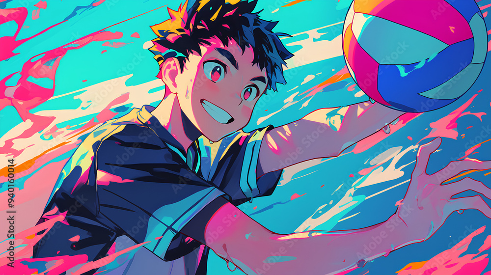 a boy playing volleyball, anime style, cute kawaii, simple, smiling happy, neon psychedelic background a boy playing volleyball, anime style, cute kawaii, simple, smiling happy, neon psychedelic background