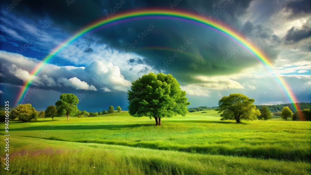 Green grassland with lush trees under a rainbow in a cloudy sky, green, grassland, trees, rainbow, cloudy, sky, nature Green grassland with lush trees under a rainbow in a cloudy sky, green, grassland, trees, rainbow, cloudy, sky, nature