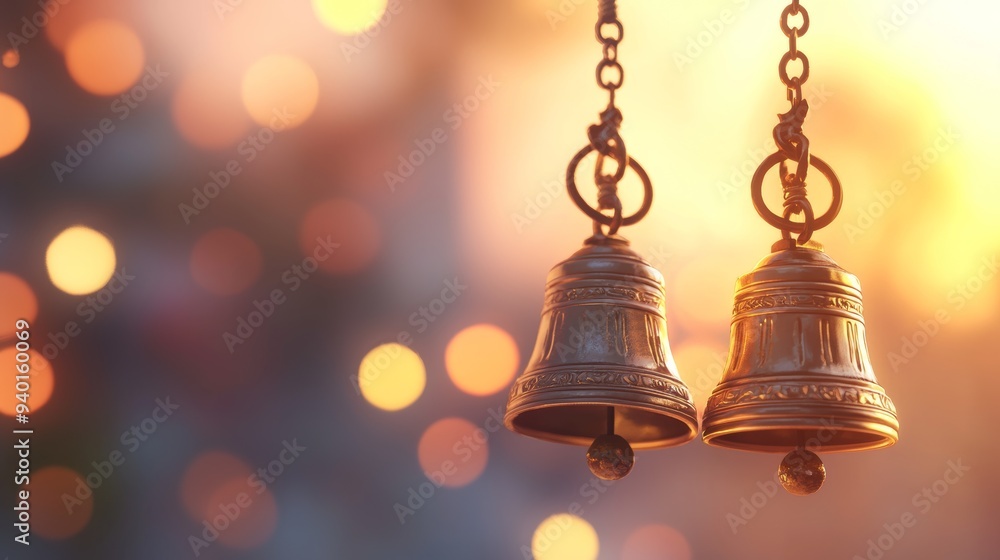 Obraz premium Golden temple bells hanging, festive ambiance, 3D illustration